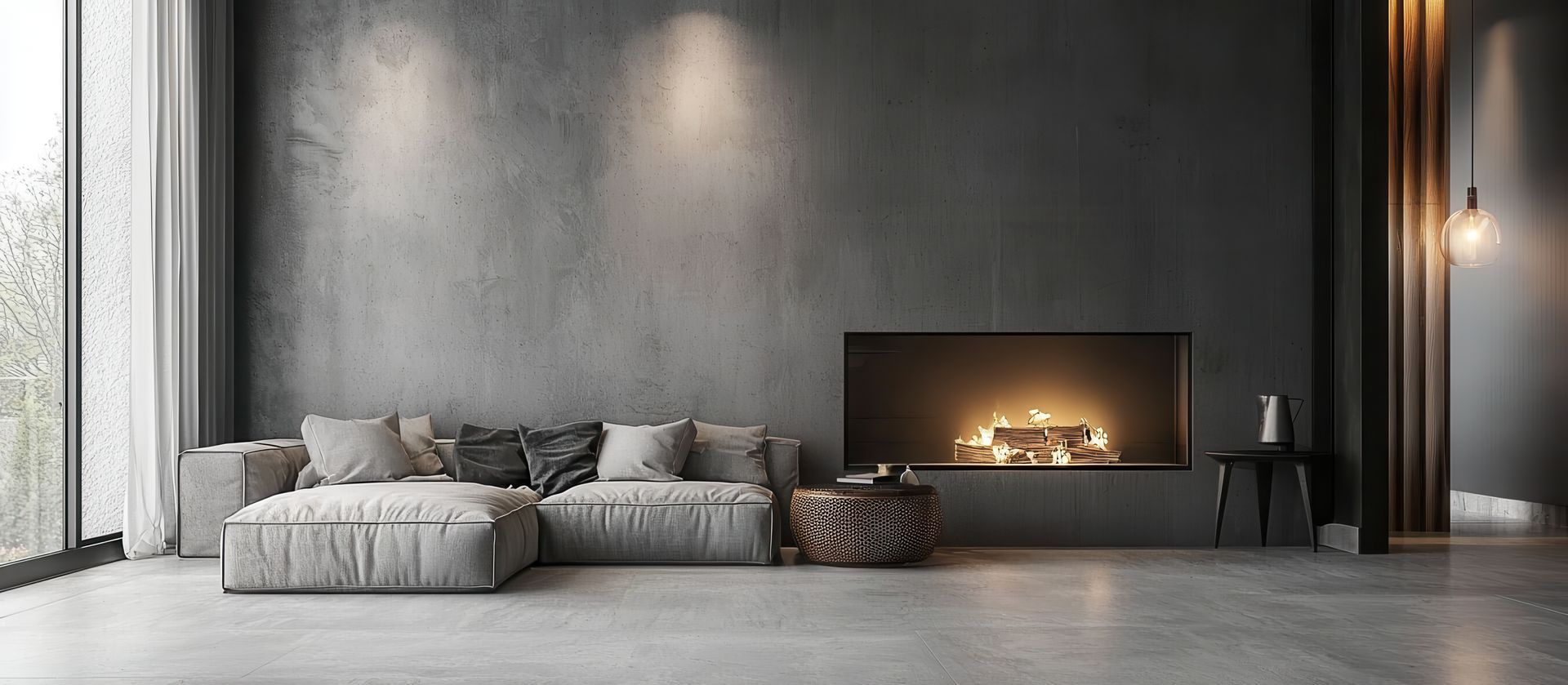 A minimalist living room with a low gray sectional sofa, a fireplace in a dark Venetian Plaster Slate color wall, and a large window.