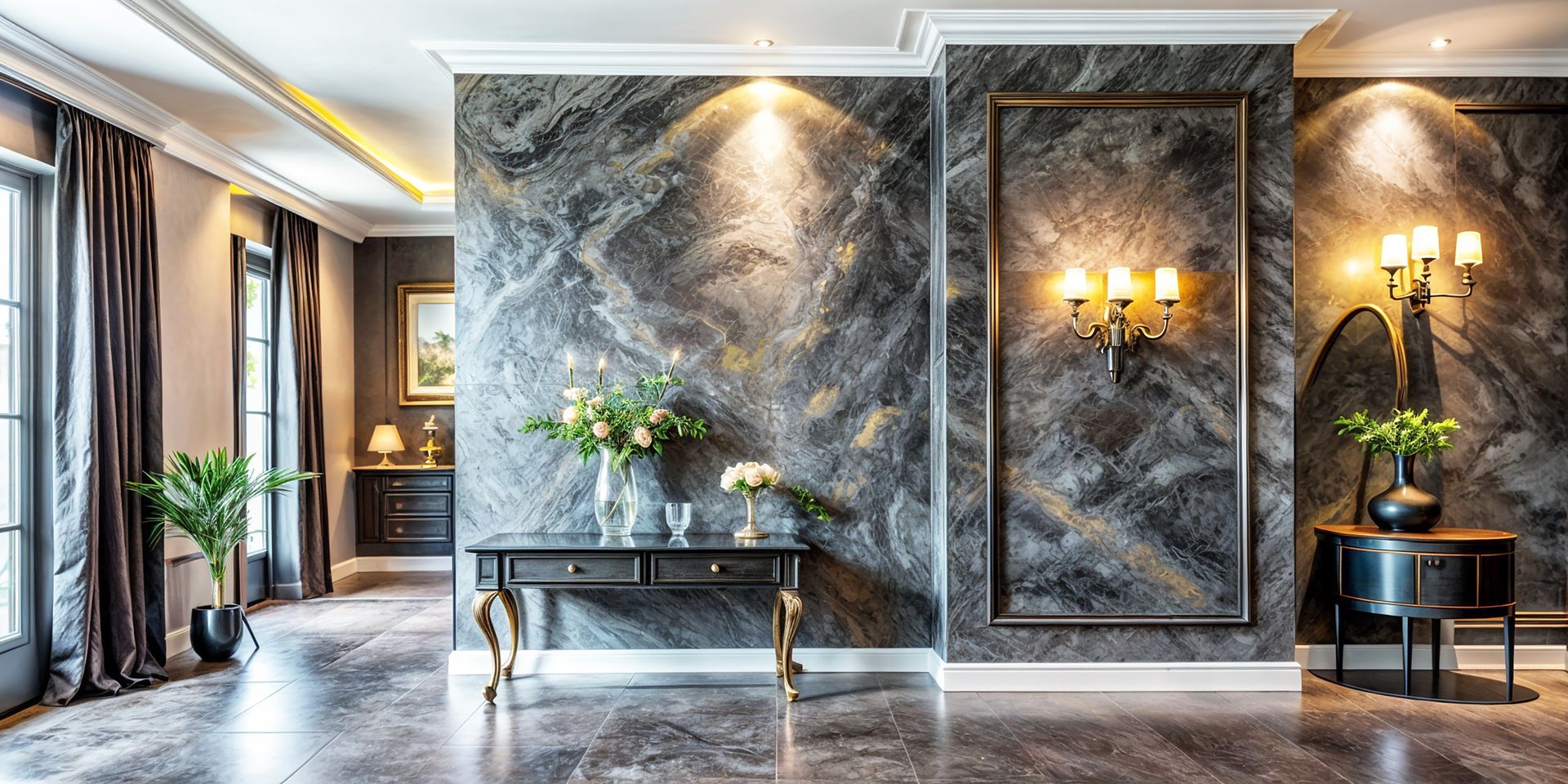 Kitchen with a swirling gray, white, and brown countertop, black sink and faucet, and white cabinets.