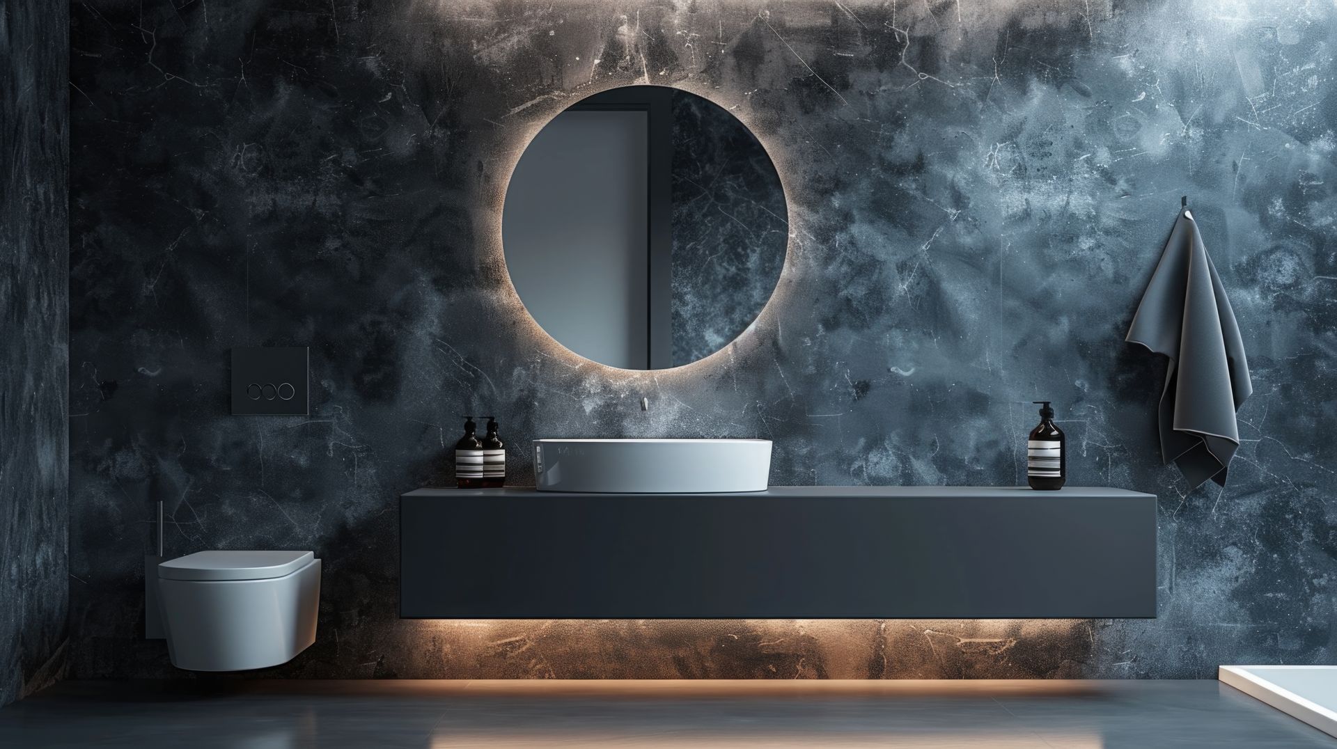A modern minimalist bathroom with a dark, textured wall, floating vanity, circular backlit mirror, and wall-mounted toilet.