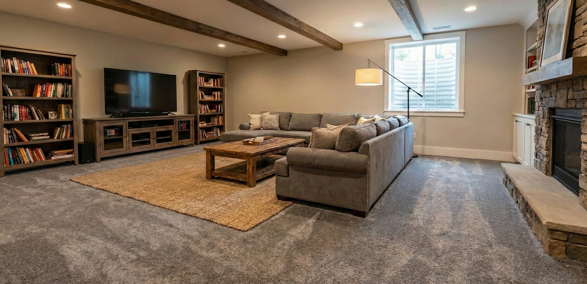 Living room with gray sectional sofa, stone fireplace, bookshelves, and TV.