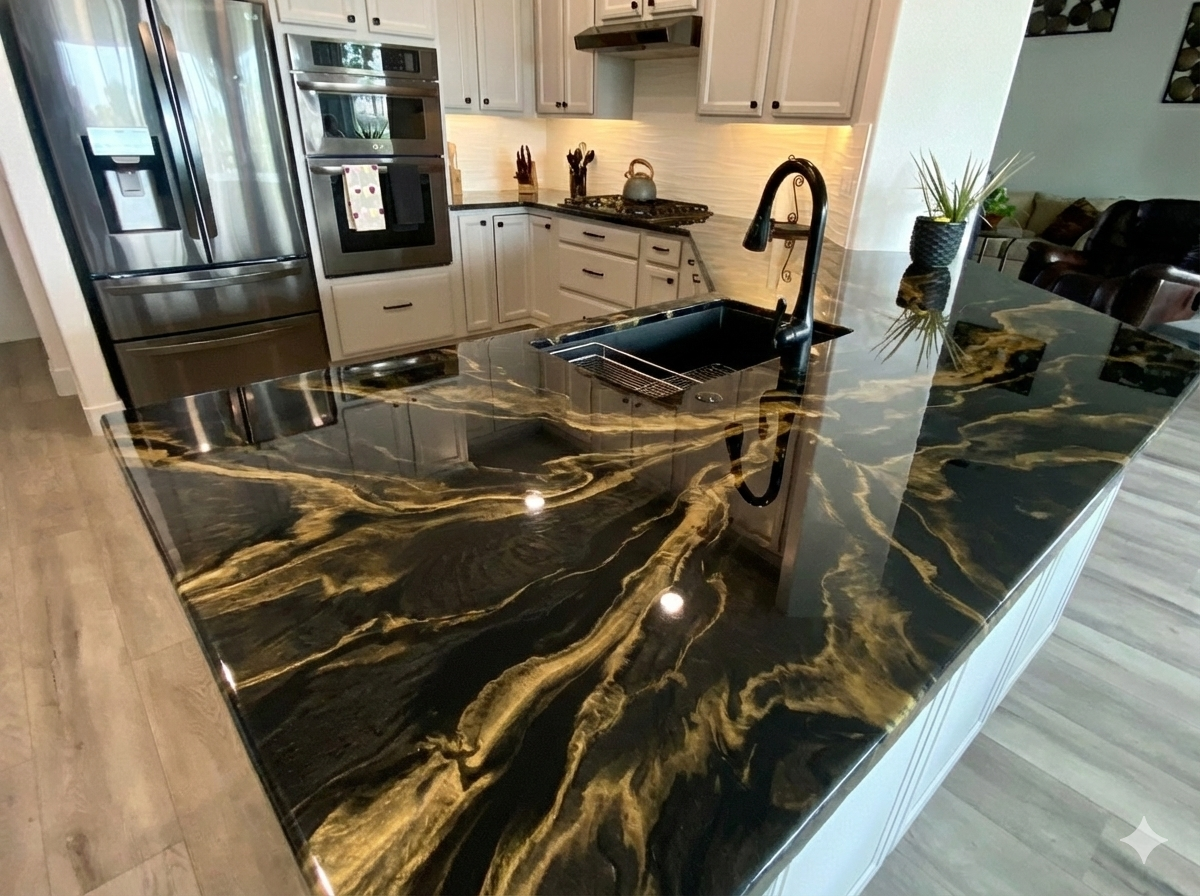 Black and gold epoxy countertop in a kitchen with white cabinets, stainless steel appliances, and a black faucet.