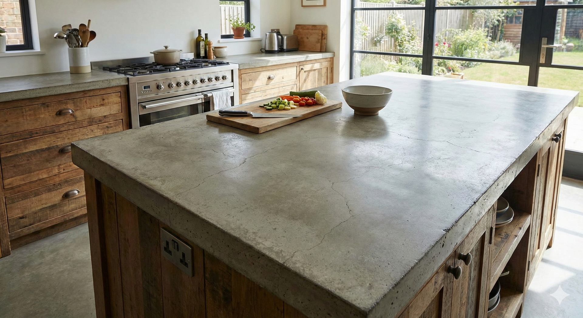 Kitchen with a concrete countertop island, wooden cabinets, and a view of the outdoors.