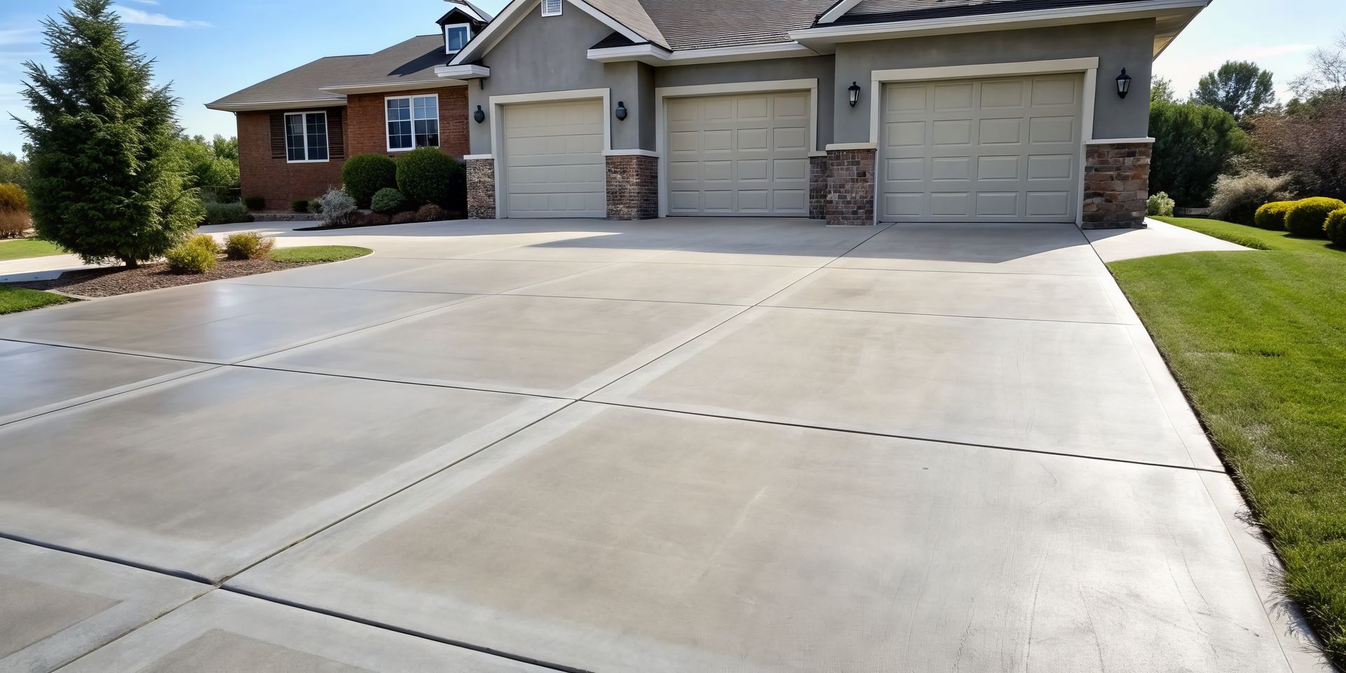 Concrete driveway leading to a three-car garage of a house. Green grass is on the side under a blue sky.