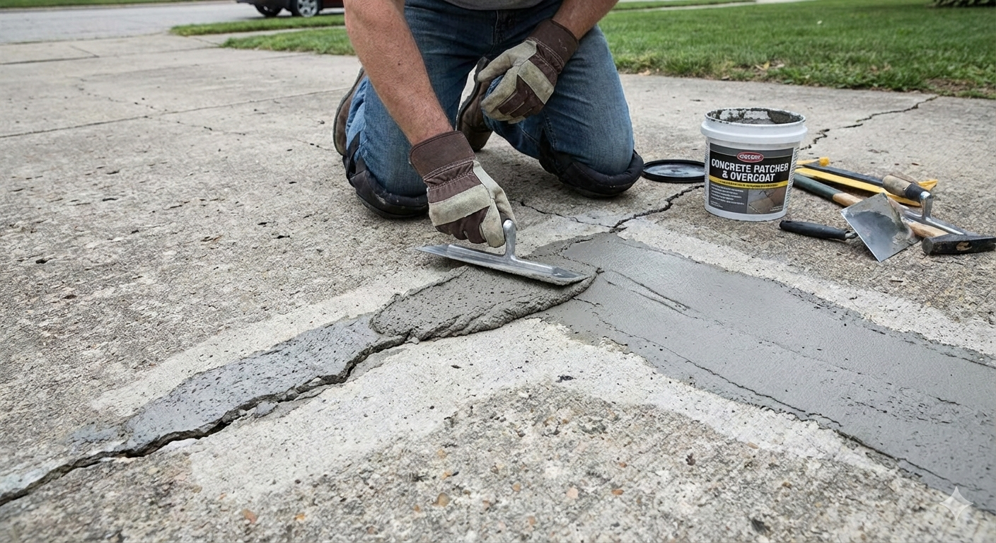 Person kneeling, repairing concrete crack with trowel and sealant on a driveway.