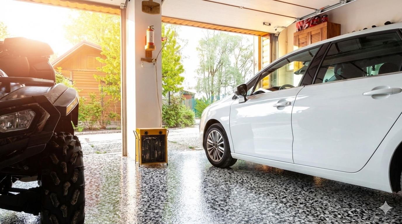 White car and ATV parked in a garage with epoxy-coated floor, open door leads to sunlight.