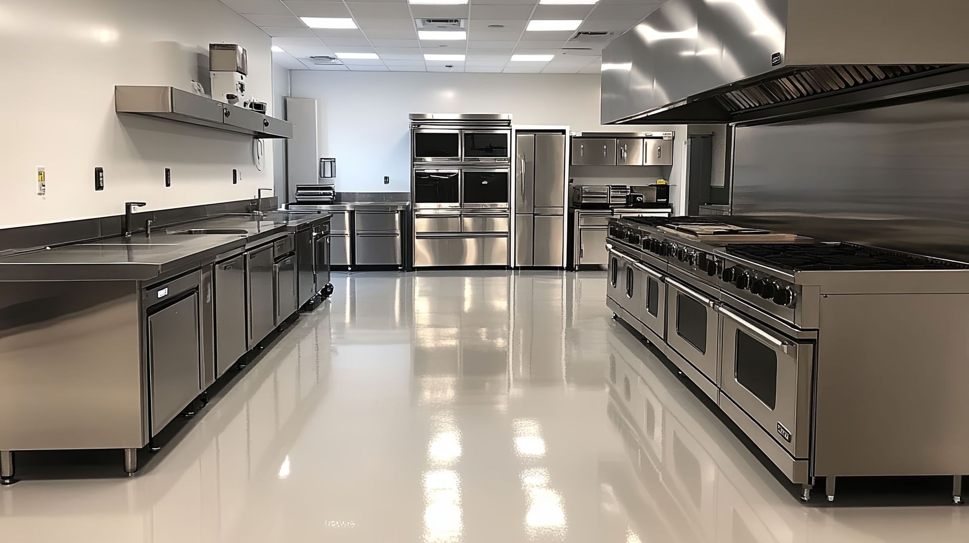 Commercial kitchen with stainless steel appliances, white walls, and a glossy white floor.