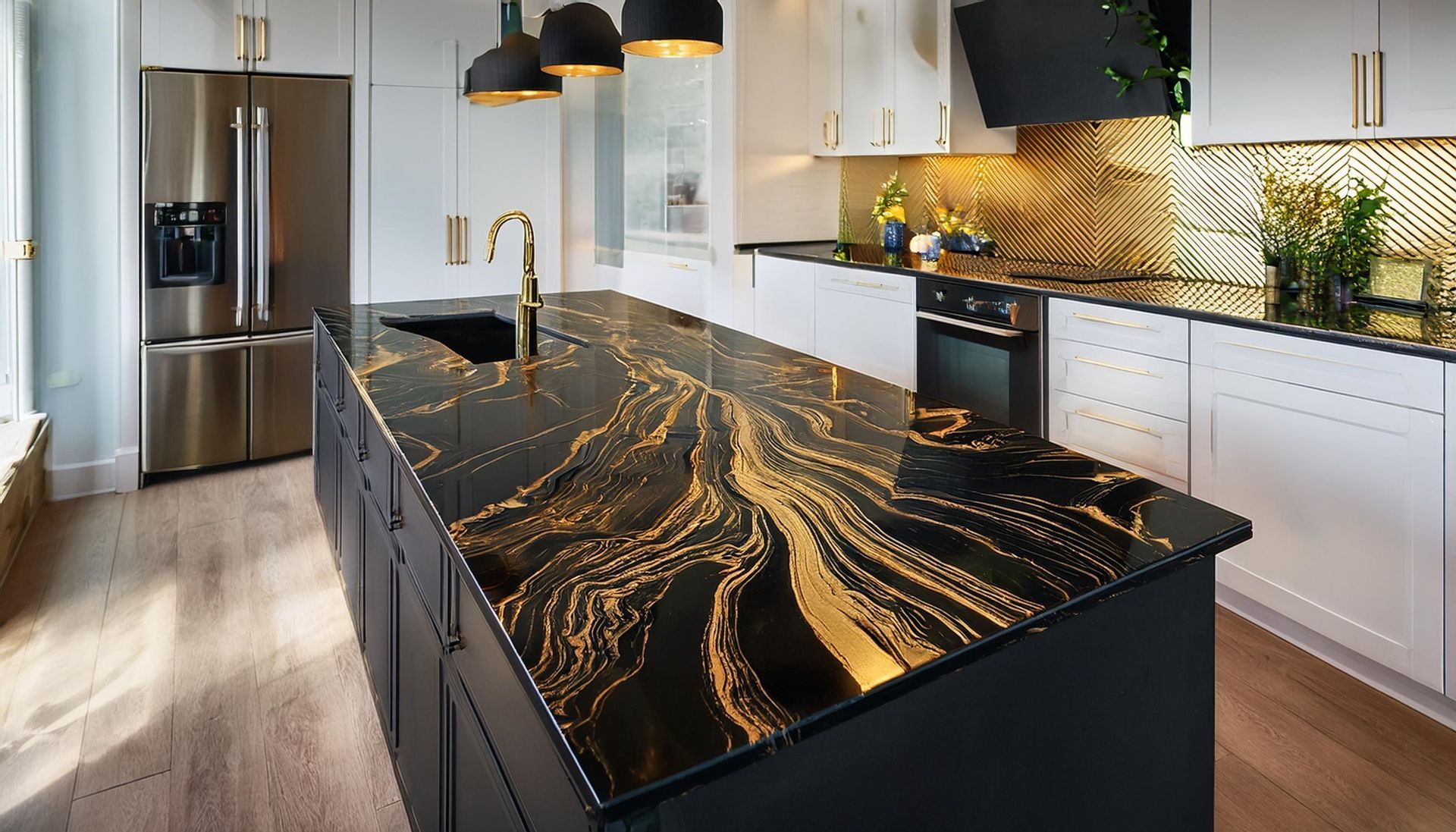 Modern kitchen with black island countertop with gold veining, stainless steel fridge, white cabinets, and gold backsplash.