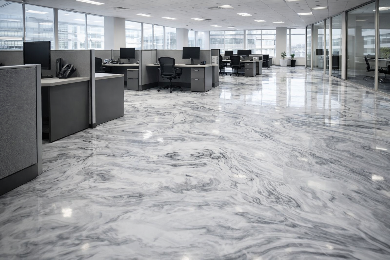 Modern office space with patterned marble floors, cubicles, desks, and large windows.