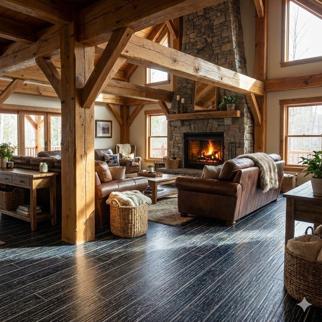 Rustic living room with exposed wooden beams, stone fireplace, and leather furniture.