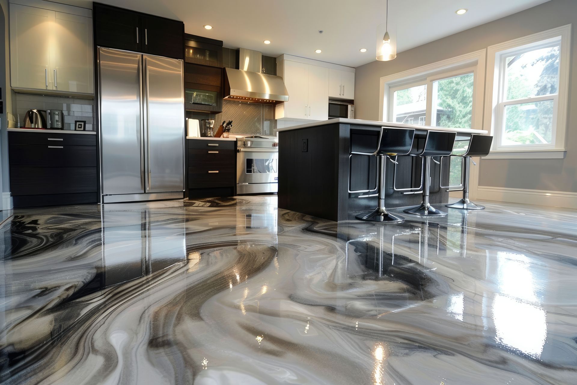 Kitchen with metallic epoxy flooring, dark cabinets, stainless steel appliances, and an island with stools.