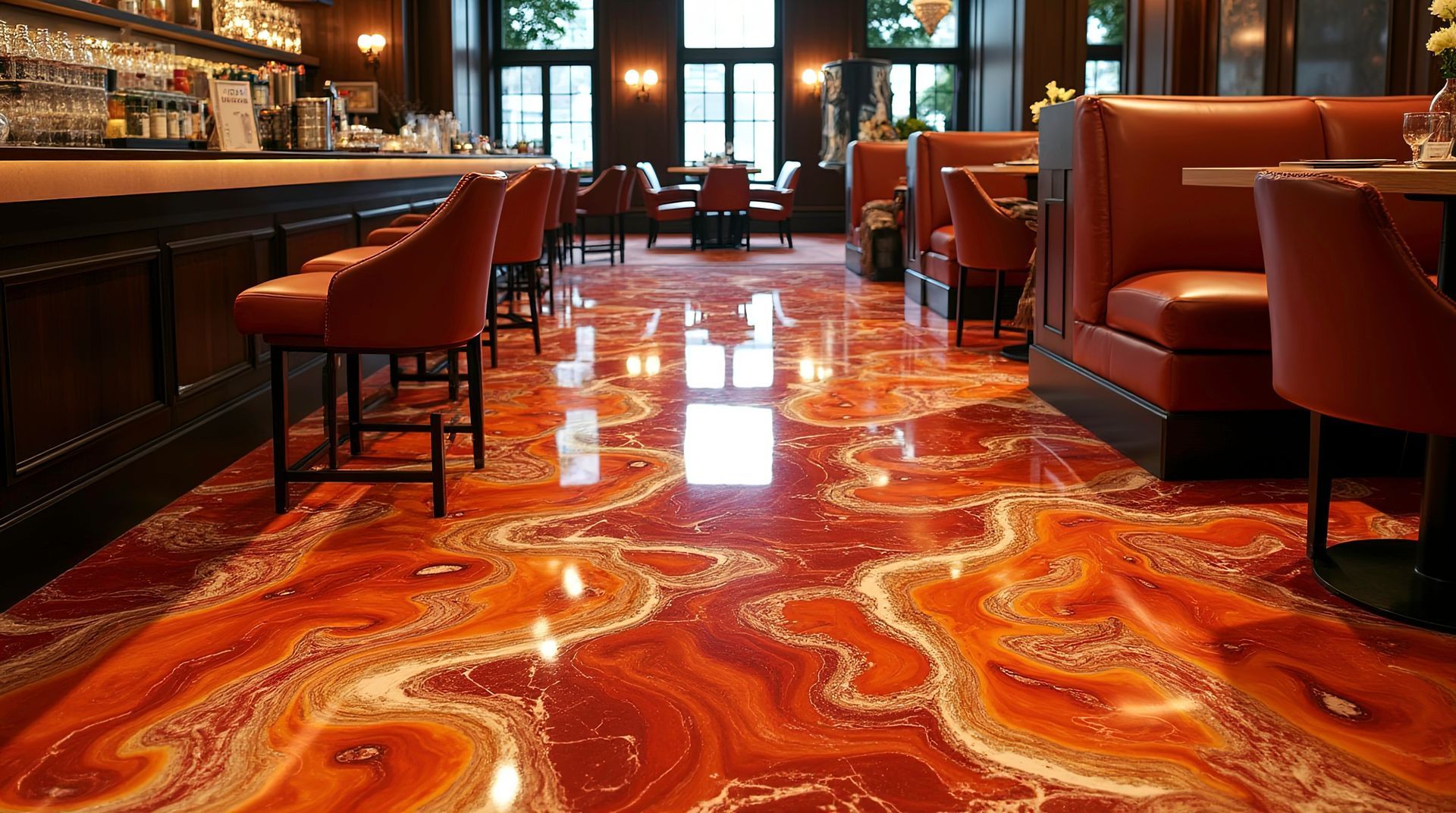 Elegant restaurant with bar, booths, and glossy, red-swirled floor.