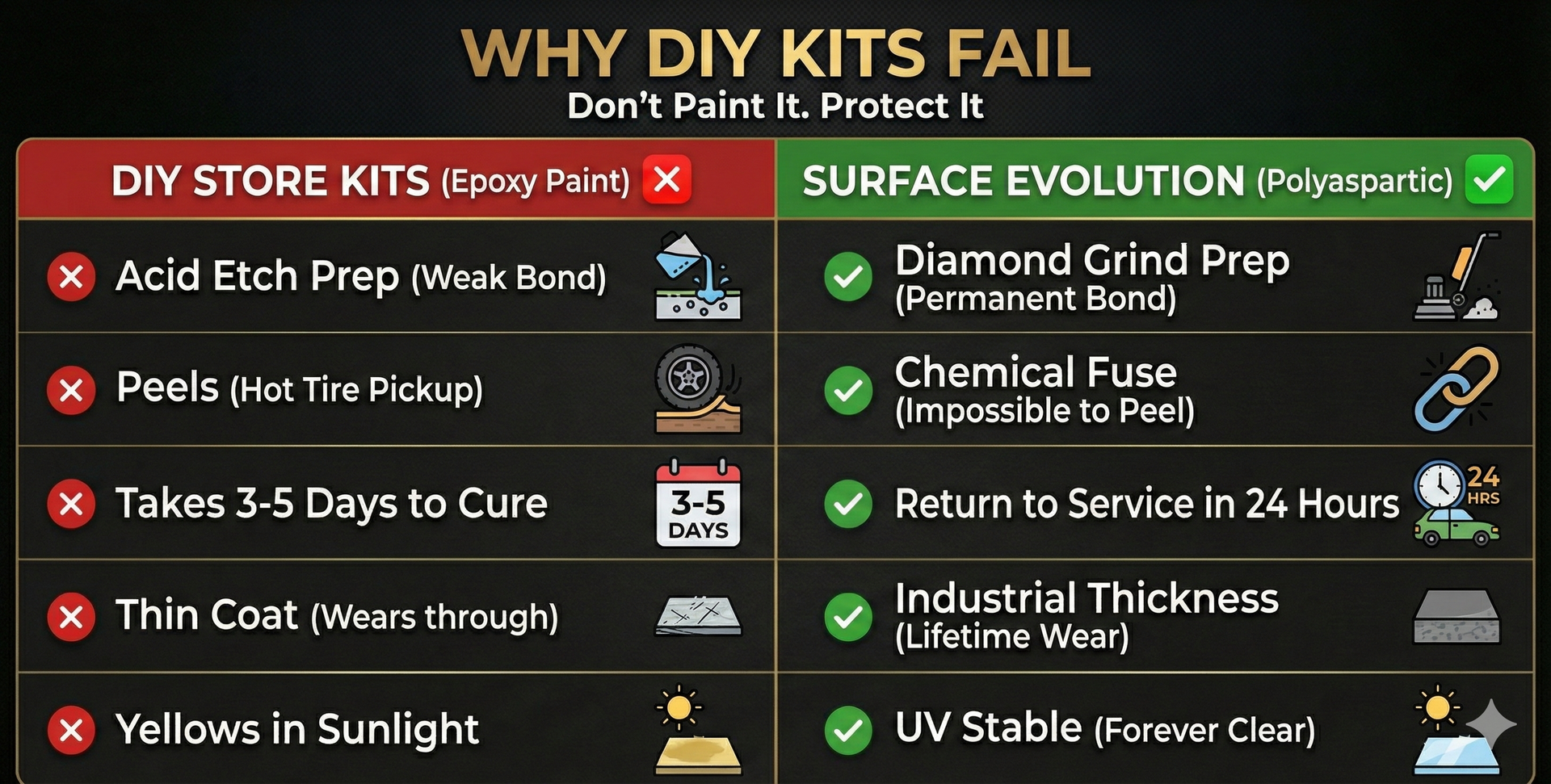 DIY kits vs. Surface Evolution. Highlights differences in preparation, curing time, thickness, and UV stability.