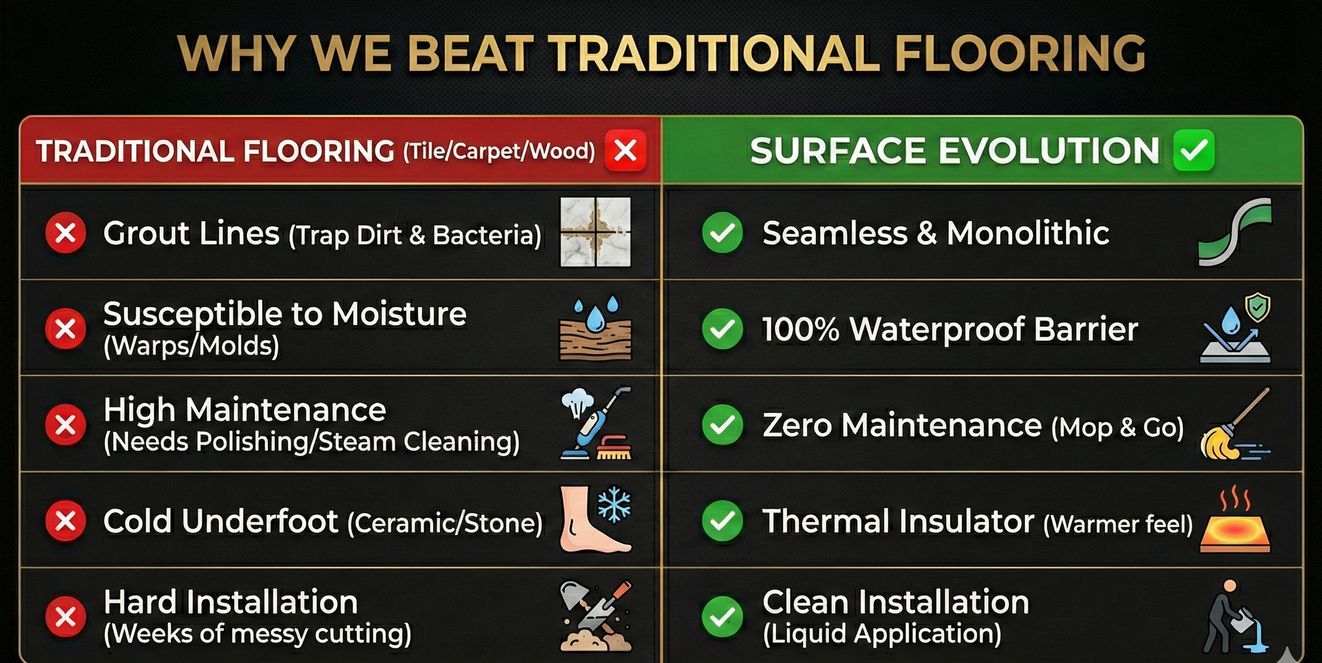 Comparison of traditional flooring (red 