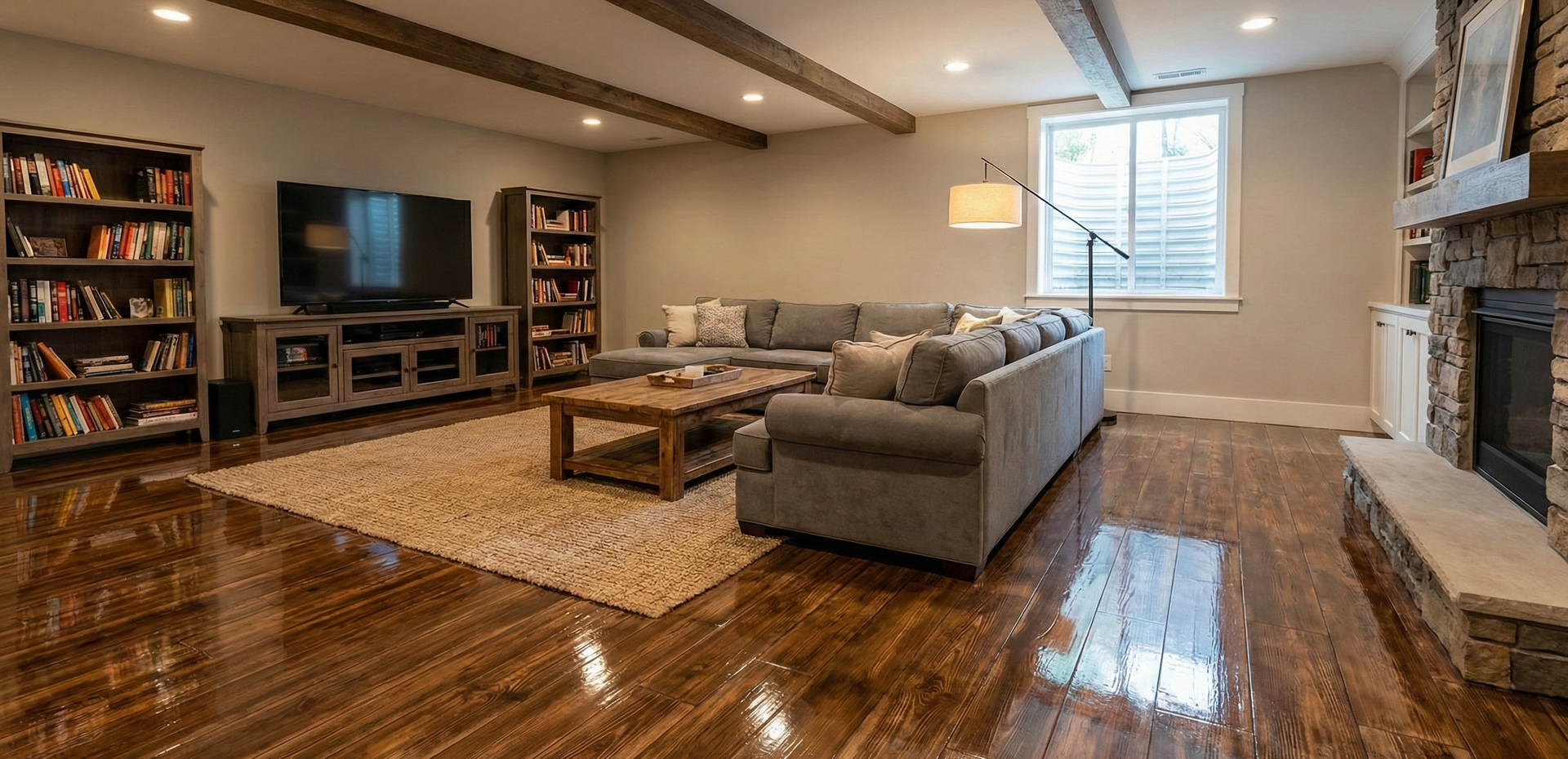 Living room with fireplace, bookshelves, sectional sofa, and hardwood floors.