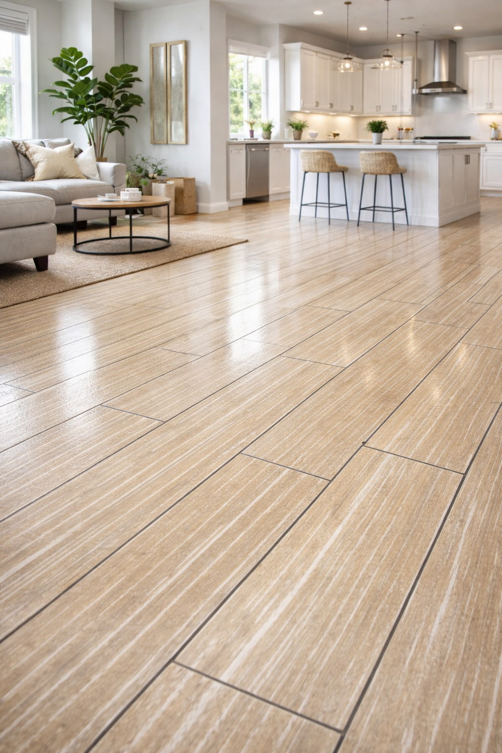 Light wood-floored open-plan living space with kitchen; light, airy; couch, table, stools.