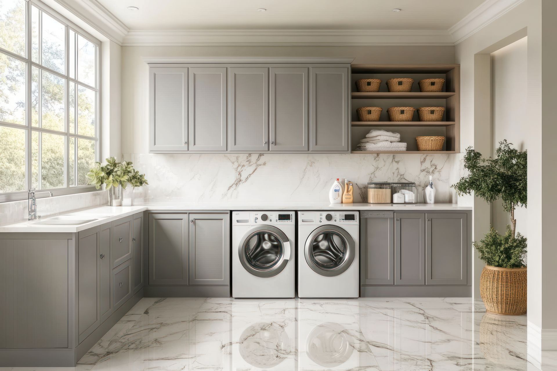Laundry room with gray cabinets, marble countertops and floor, washing machine, and window.