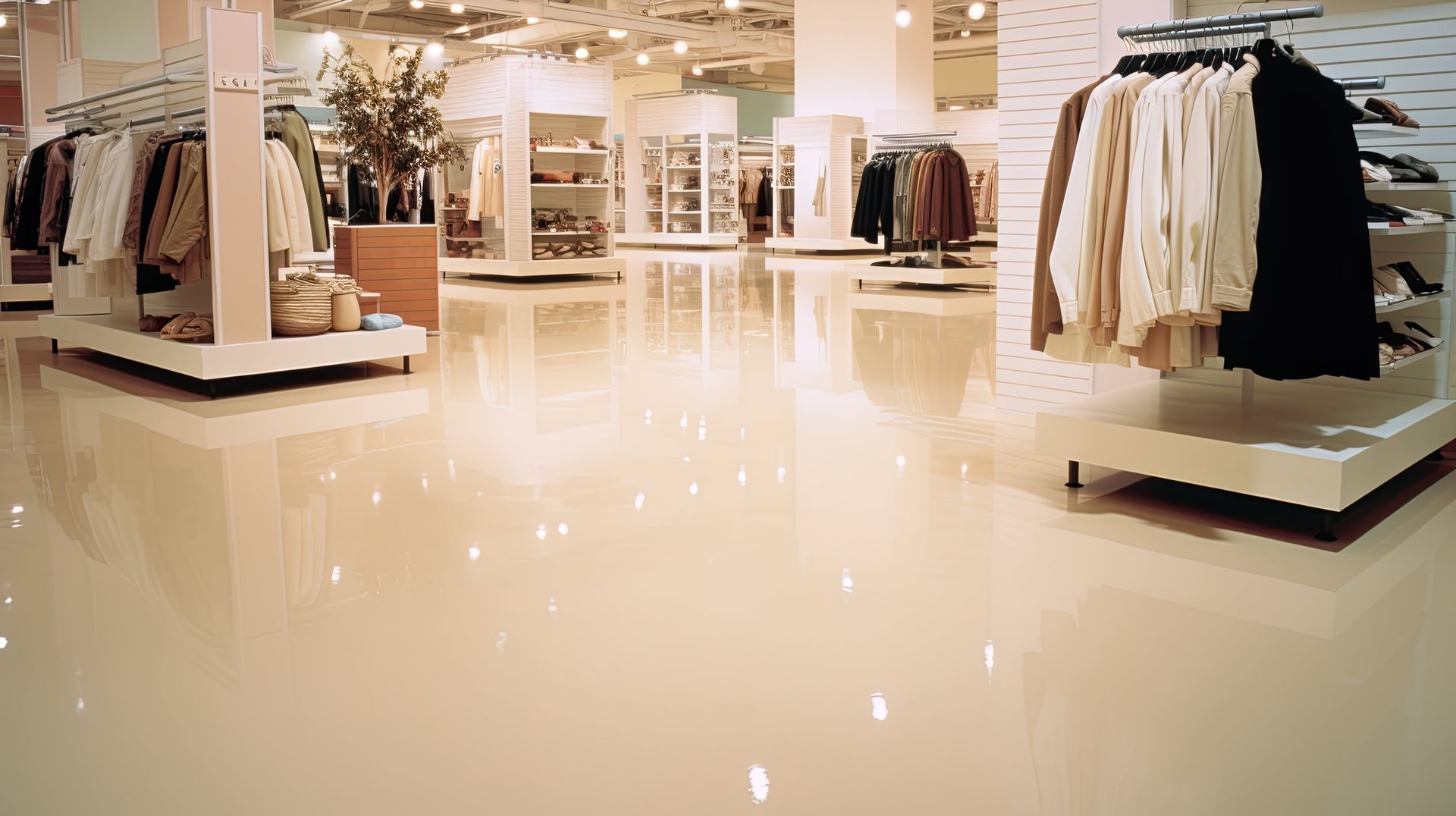Shiny beige floor in a well-lit clothing store. Clothes racks and displays are visible in the background.