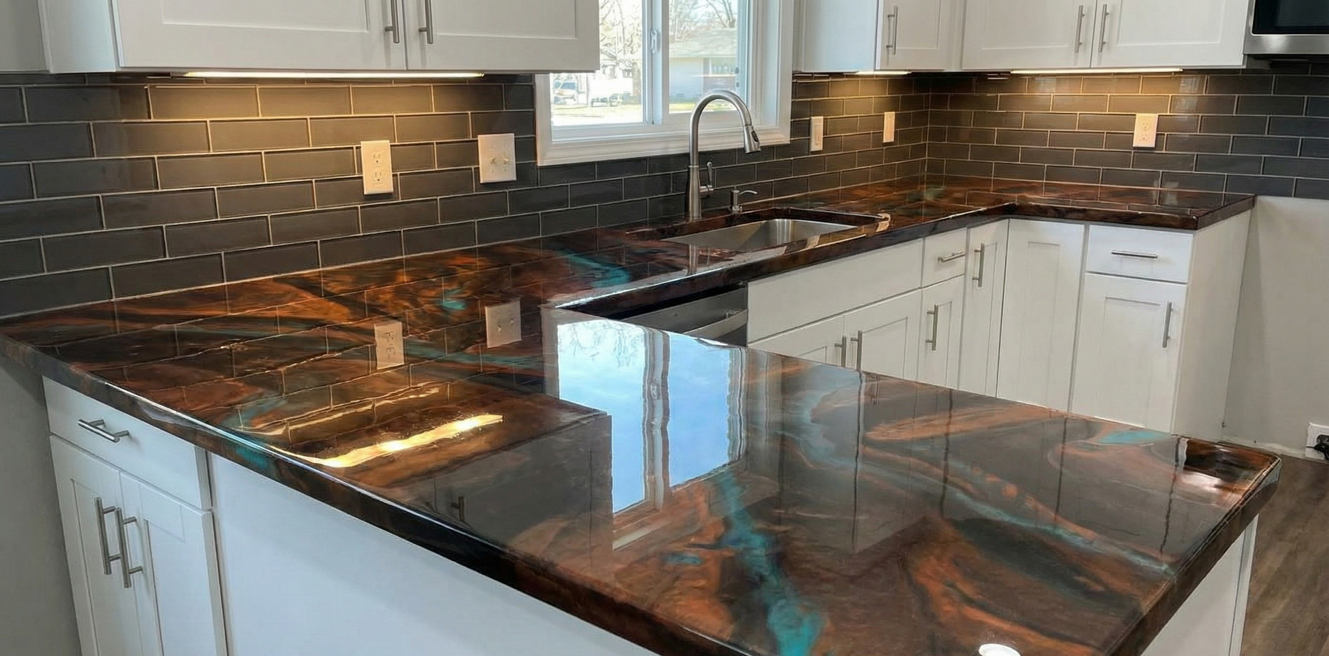 Kitchen with white cabinets, dark countertops with blue streaks, and a dark tile backsplash.