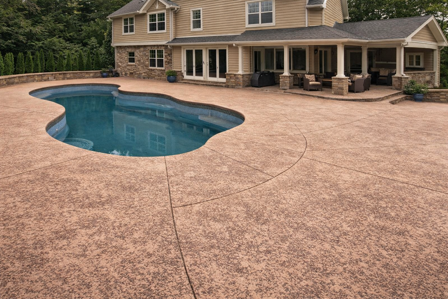 Brown stamped concrete pool deck surrounds a freeform pool next to a large house with a covered patio.