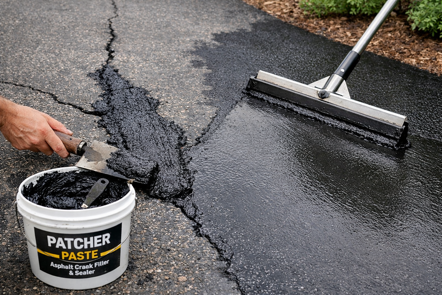 Person patching a cracked asphalt driveway with black patcher paste.
