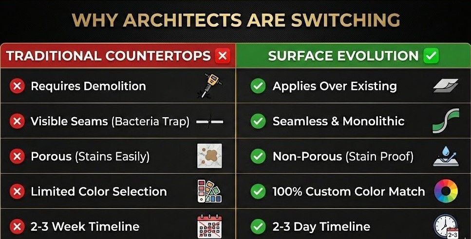 traditional vs. Surface Evolution countertops. advantages: applies over existing, seamless, non-porous, custom color
