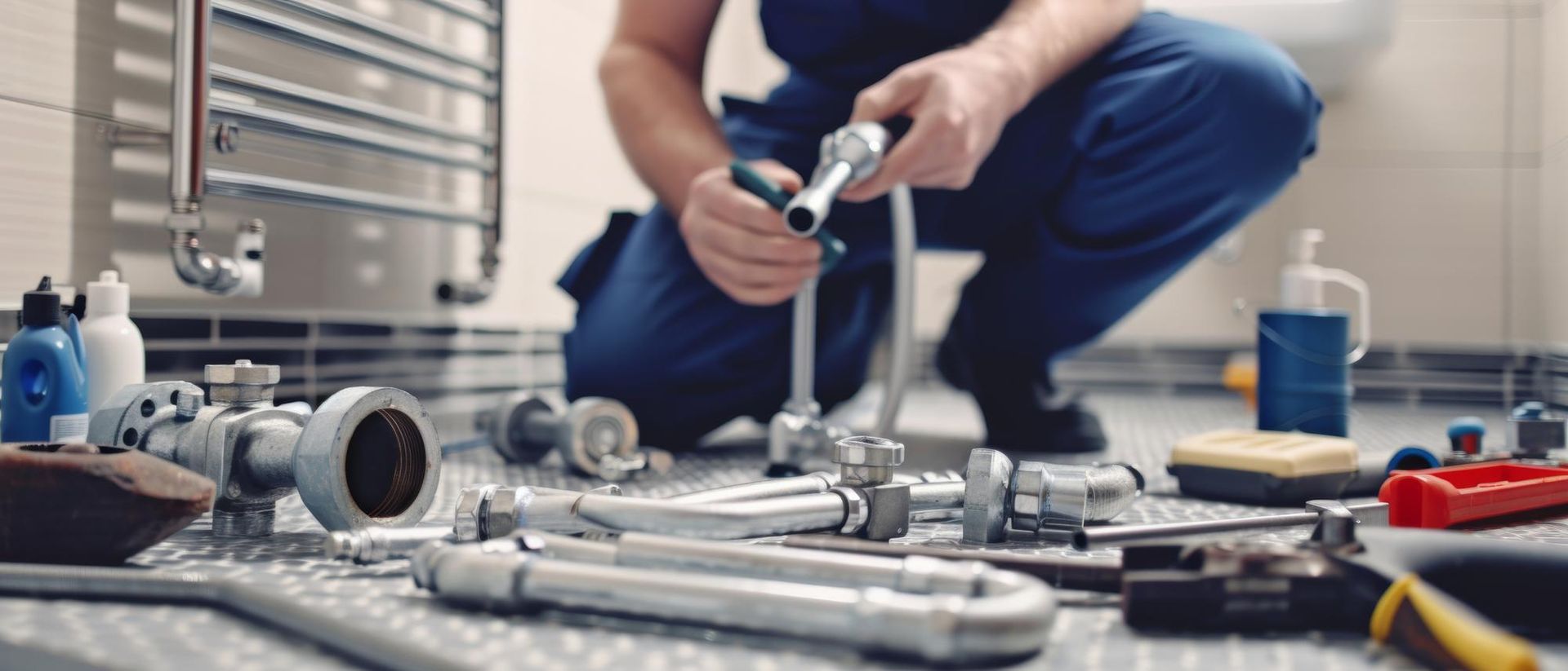A person in blue workwear kneels on a floor, assembling plumbing parts and tools in a bathroom.