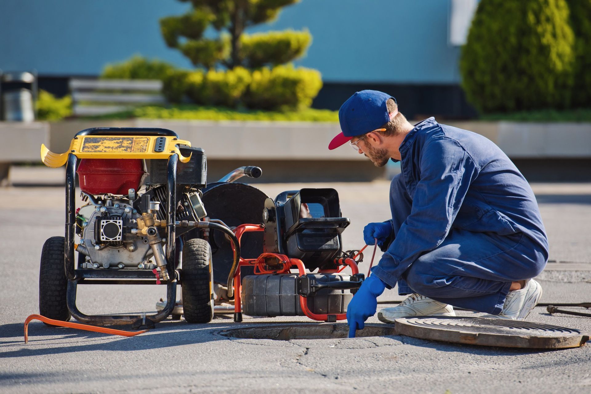 A utility worker in blue uniform and gloves inspects an open manhole near a yellow portable generator.