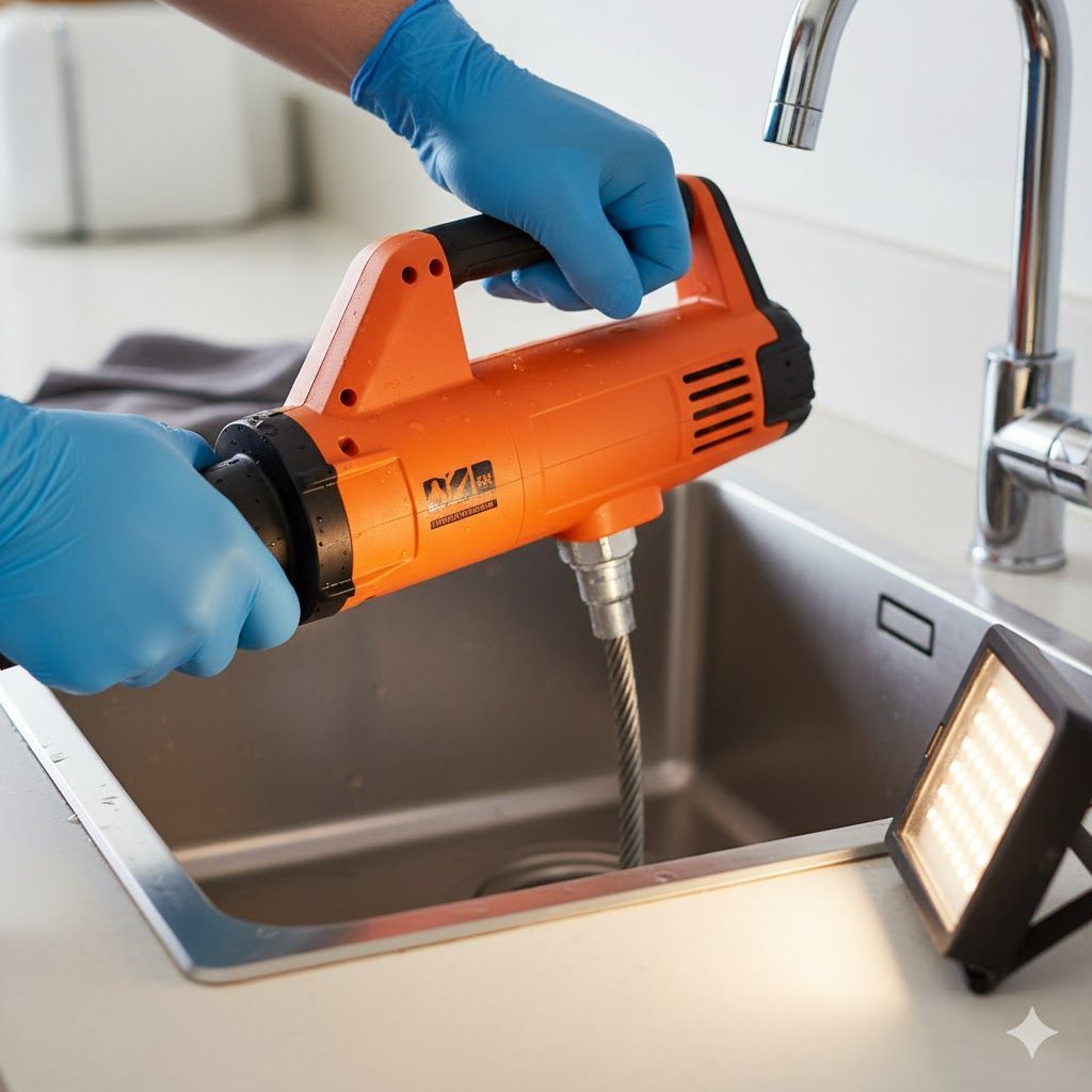Hands in blue gloves use an orange power drain auger to clear a kitchen sink, illuminated by a small portable work light.