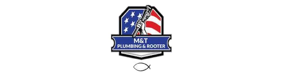Logo for M&T Plumbing & Rooter featuring an American flag shield, a wrench, and a Christian fish symbol below.