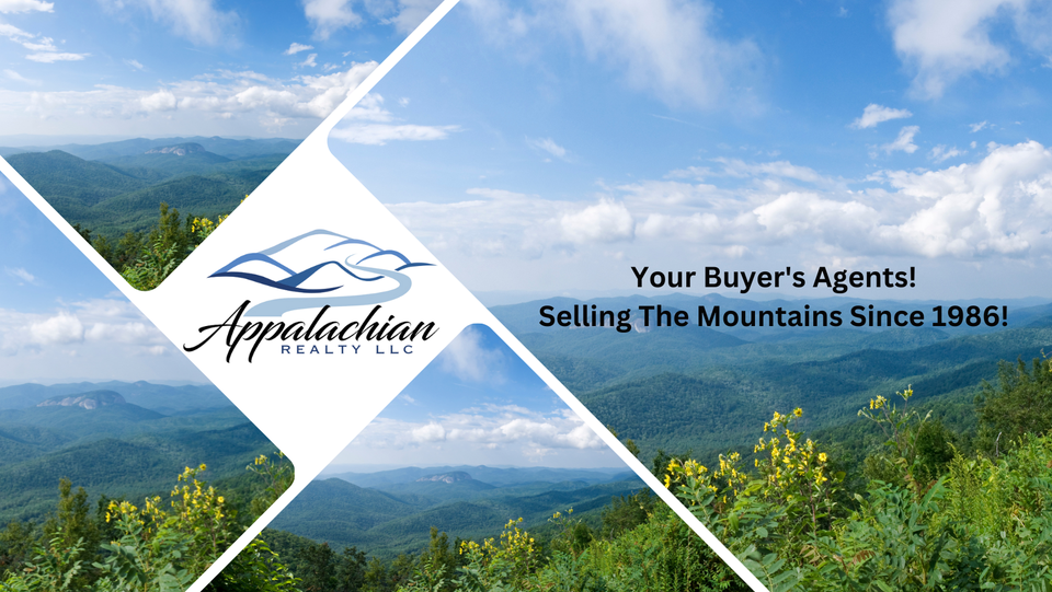 An advertisement for appalachian real estate shows a view of the mountains