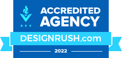 A blue sign that says accredited agency designrush.com