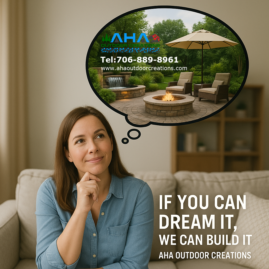 Woman dreaming of an outdoor living space, featuring a fire pit, seating, and water feature. Text: "If you can dream it, we can build it."