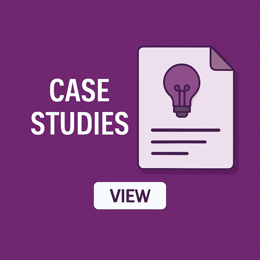 A purple background that says case studies with a light bulb on a piece of paper.