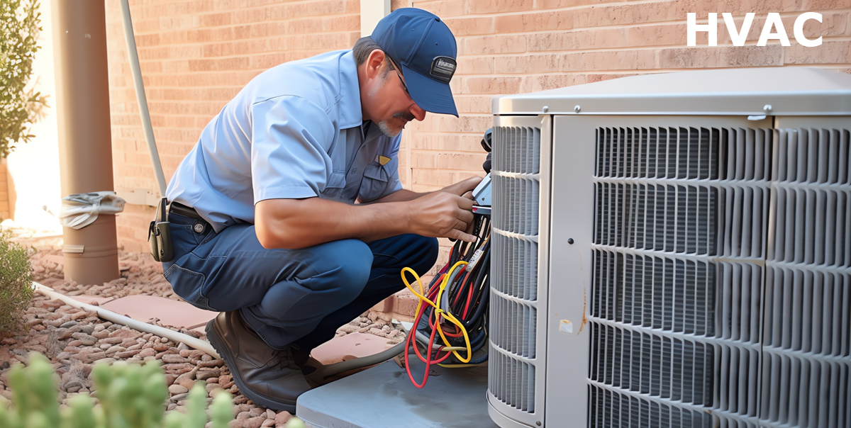 A man in a blue shirt is working on an air conditioner