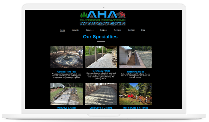 A laptop screen shows a website for maha outdoor creations