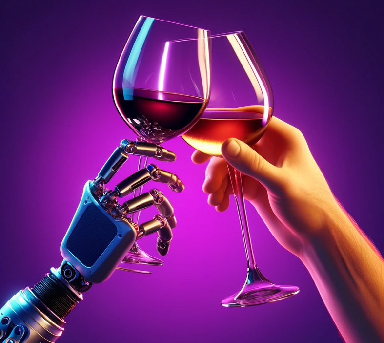 A robotic hand and a human hand are holding two glasses of wine and toasting