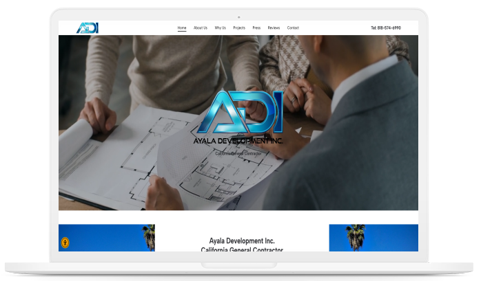 Laptop screen showing ADI Architects website with people looking at blueprints.