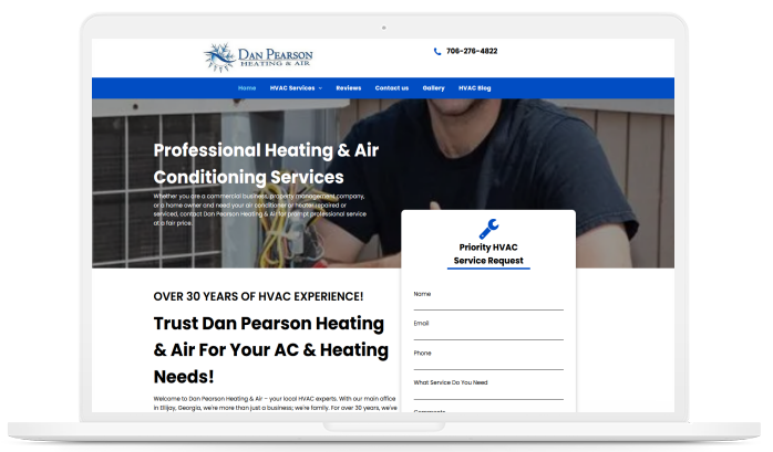 A laptop screen shows a website for professional heating and air conditioning services