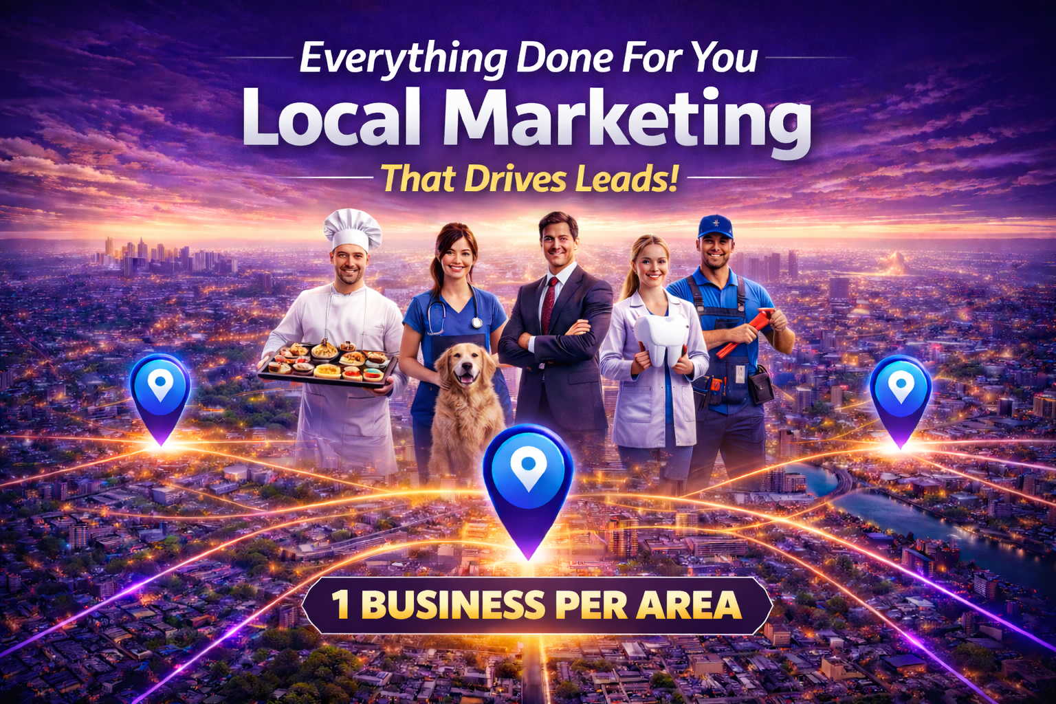 A professional advertisement with people representing various trades against a city background and map location pins.