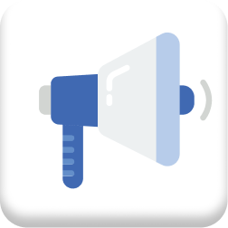 An icon of a blue and white megaphone on a white background.