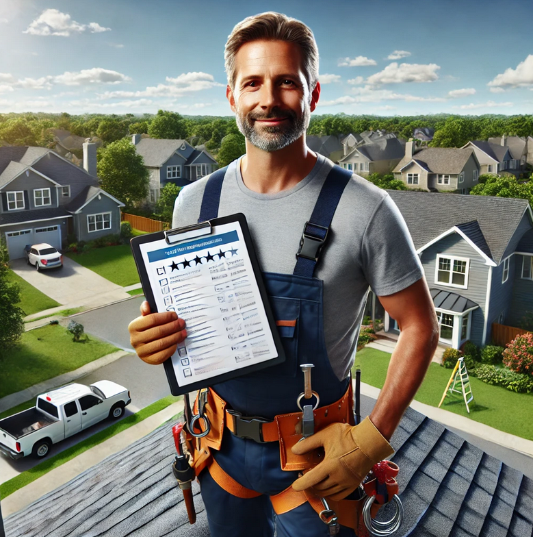 A man in overalls is holding a clipboard with a checklist on it