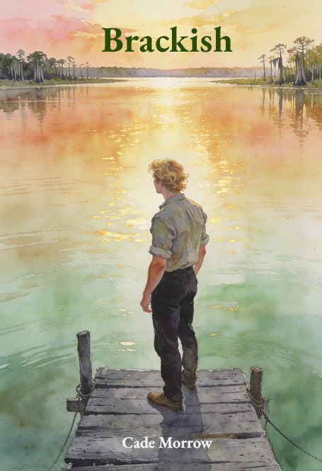 Person standing on a dockon a waterway during sunset, “Brackish” by Cade Morrow.