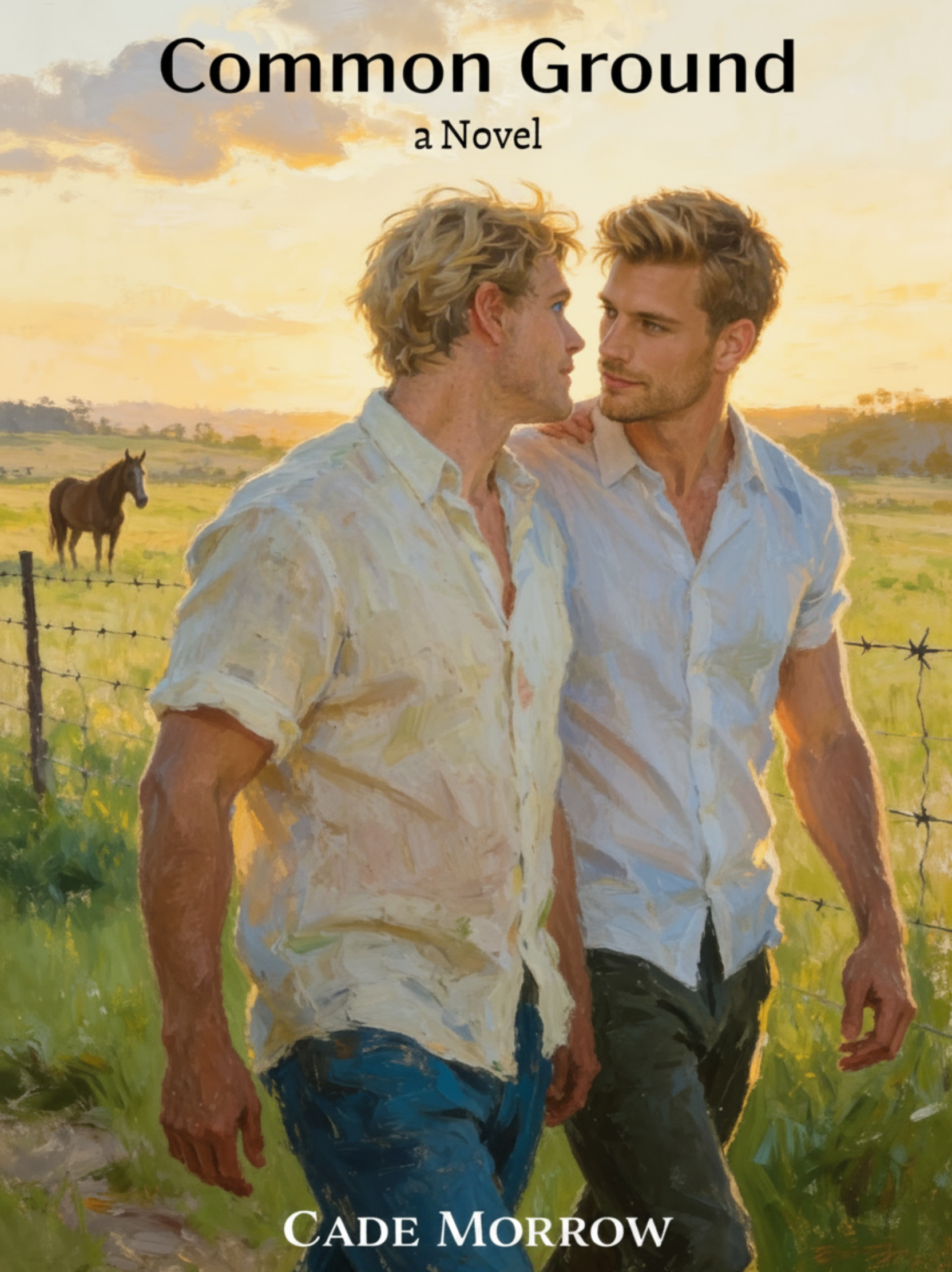 Two men in white shirts walking in a sunny rural field at sunset,