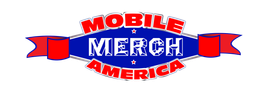 A blue and red logo for mobile merch america