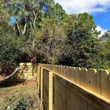 A wooden fence is surrounded by trees in a backyard.