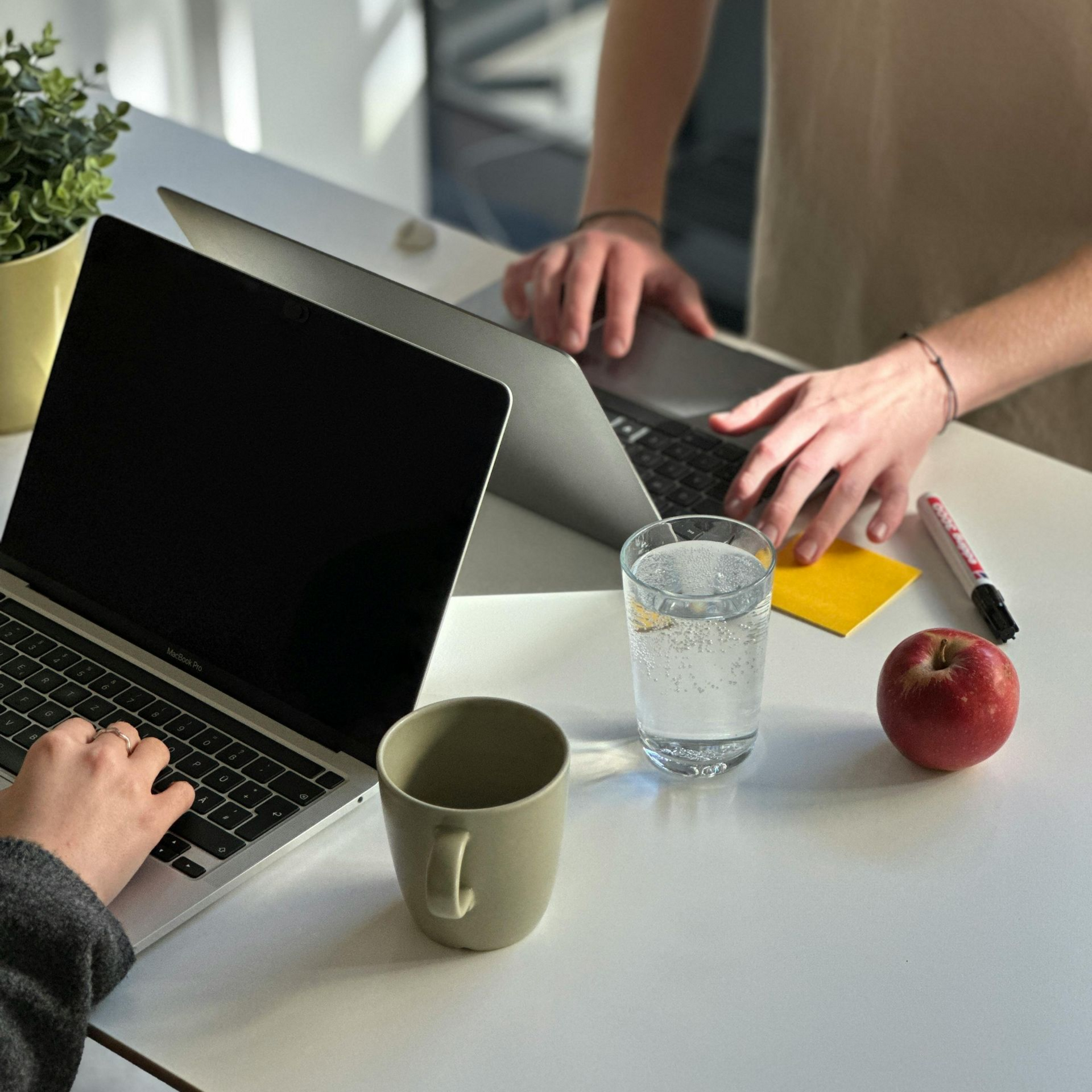 Zwei Personen arbeiten an Laptops an einem weißen Schreibtisch; neben ihnen stehen eine Tasse, ein Glas Wasser, ein Apfel, ein Stift und eine Topfpflanze.