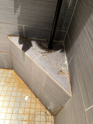 A close up of a tiled shower corner with a shadow on the wall.
