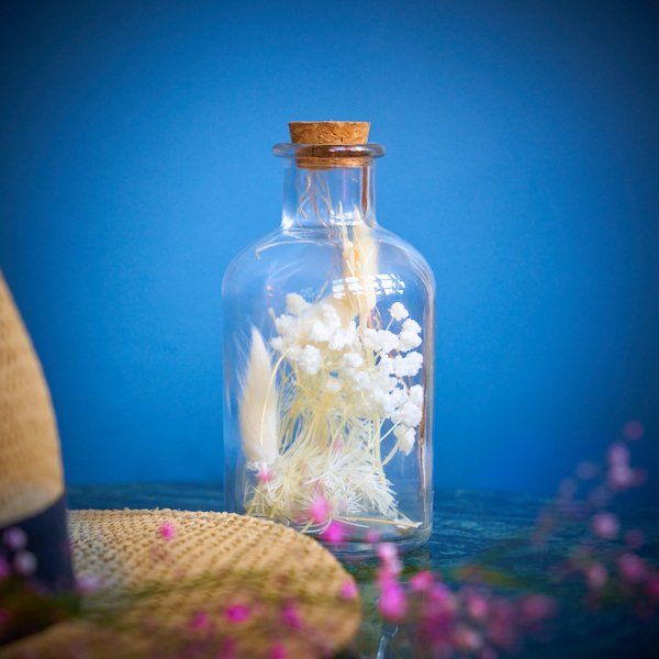 Glass Bottle Dried Flowers White
