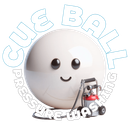 A smiling cue ball next to a small pressure washer, with "CUE BALL PRESSURE WASHING" written around the ball.
