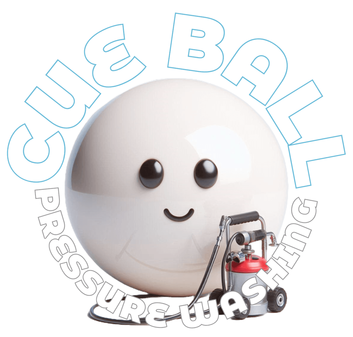A smiling cue ball next to a small pressure washer, with "CUE BALL PRESSURE WASHING" written around the ball.